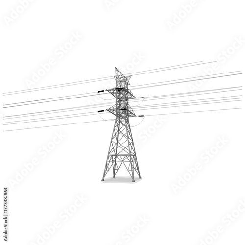 High voltage electricity pylon with multiple transmission lines, power grid energy tower, vector illustration.