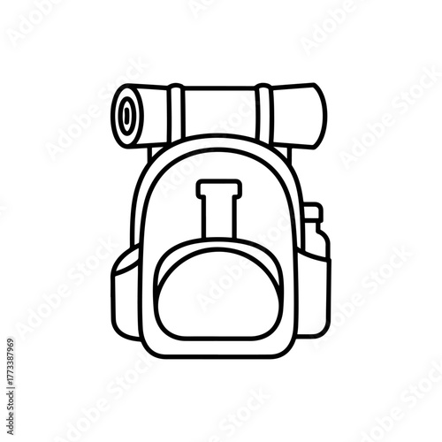 Outline icon of a hiking backpack, complete with a rolled sleeping bag and water bottle for adventure