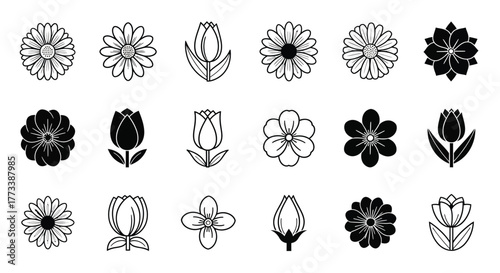 Collection of various monochrome flower silhouettes and line art designs