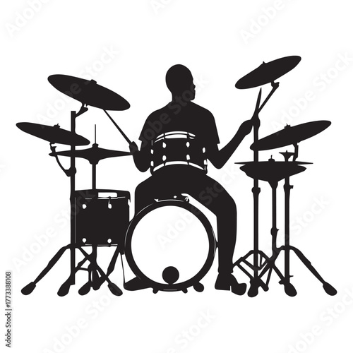 set of black drummer musician drumming drums vector silhouettes isolated on white background