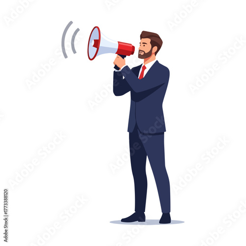 Schilderij op canvas Professional man in suit making announcement with megaphone, conveying message,