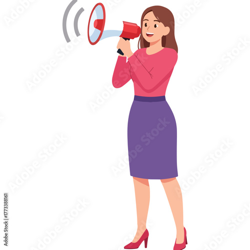 Smiling woman holding a red megaphone, speaking loudly, making an important announcement, communication concept