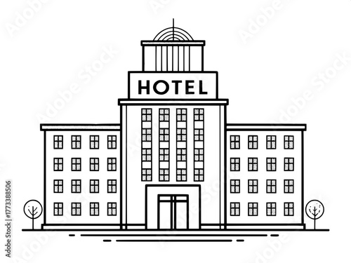 Minimalist Vector Hotel Icon

A clean, black and white vector illustration of a hotel building viewed frontally. The structure is symmetrical with a central tower and two smaller wings. The word "HOTE