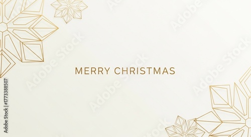 Elegant Golden Geometric Snowflakes on White Background with Merry Christmas Text.
