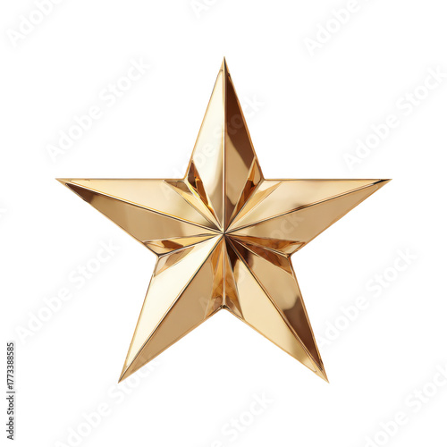 Shiny golden five-pointed star ornament with metallic surface, symbolizing Christmas decoration, holiday celebration, and elegant festive design element