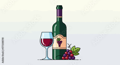 Elegant illustration of red wine bottle, full glass, and fresh grapes. Great for menus, winery promotions, and celebratory drink designs