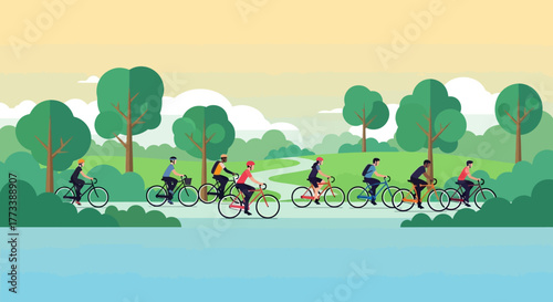 Group of cyclists enjoying a scenic bike ride on a park path by the water, embracing outdoor recreation and a healthy, active lifestyle