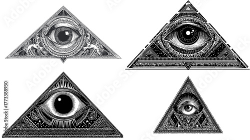 Detailed hand-drawn illustration of the all-seeing eye inside triangle. Esoteric and mystical artwork symbolizing enlightenment, spirituality, and ancient secret symbolism design.