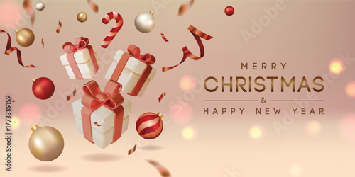 Merry Christmas Banner with Christmas Ornaments and Gift Boxes. Vector illustration.
