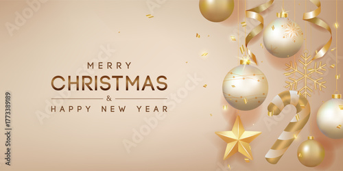 Merry Christmas Banner with Golden Christmas Ornaments. Vector illustration.