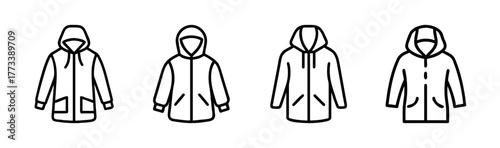 Collection of four hooded anorak jackets featuring zipper closures and pocket details for outdoor wear