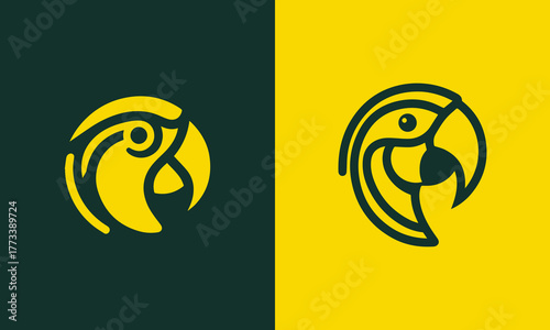 Modern minimalist geometric parrot head logos in yellow and dark green contrasting colors