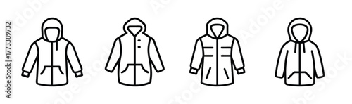 Four different styles of hooded anorak jackets line drawings icons