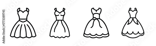Collection of four distinctive ball gown designs sketched with artistic flair