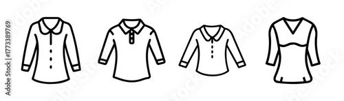 Collection of four stylized line art blouses with collars and button details for fashion design.