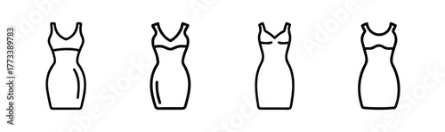 Collection of four line art bodycon mini dresses each with subtle strap variations