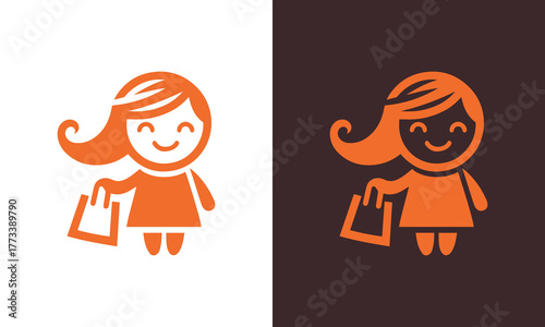 Cute cartoon woman with shopping bag smiling happily in two contrasting color schemes