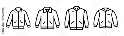 Four different styles of bomber jackets showcased with line art details