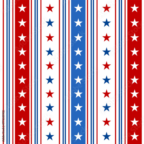 Seamless patriotic pattern with red, white, and blue vertical stripes decorated with stars.