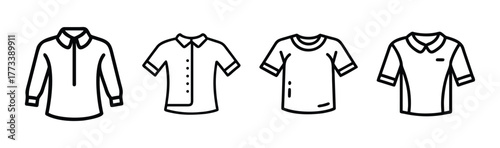 Collection of casual and formal shirt styles shown in a simple line drawing art style