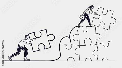 Dynamic teamwork illustration showcasing problem solving and business strategy, featuring business people building puzzle for success, originally a vector graphic