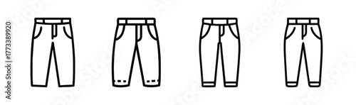 Four line art representations of casual chino pants showing different tones and folds