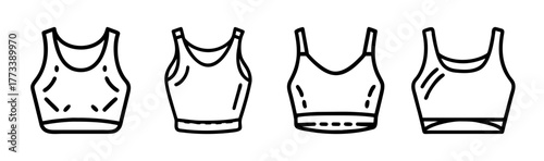 Set of four fashion crop top line art icons for apparel design and branding