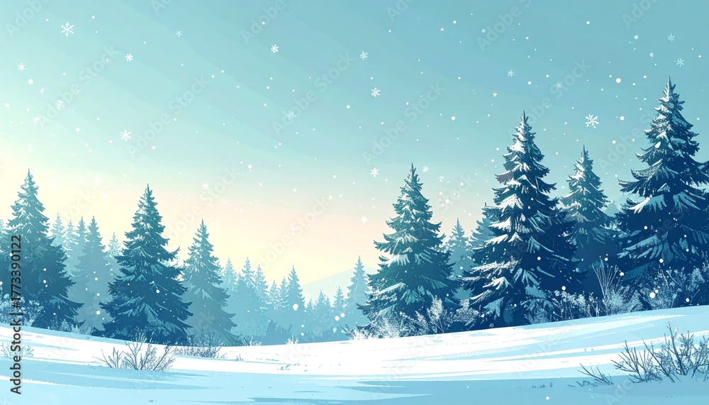 Naklejka premium Digital illustration of snowflakes falling against winter landscape with trees
