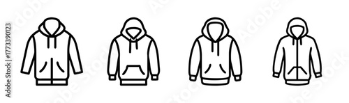 Four variations of zip-up hoodies with kangaroo pockets and drawstrings