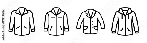 Collection of four different jacket styles presented as line drawings fashion icons