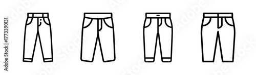 Four hand drawn styles of casual denim jeans pants with pockets and cuffs