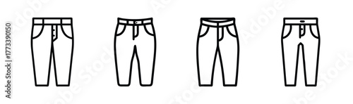 Four detailed line art icons representing different styles of jeans clothing apparel