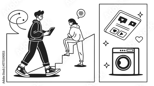 Modern lifestyle concept showcasing people using technology, climbing stairs, and laundry appliance, perfect for digital age lifestyle and convenience themes