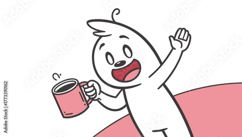 Cheerful cartoon character welcomes the day with a hot drink, perfect for expressing joy and positivity in any project, originally a scalable graphic