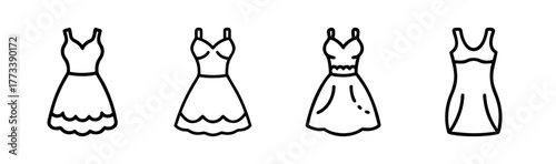 Collection of hand-drawn line art dresses featuring various styles and silhouettes