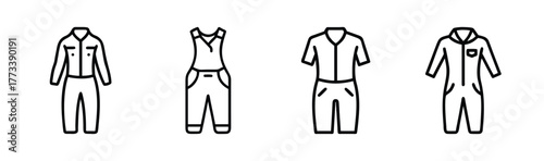 Collection of four different styles of jumpsuits overalls and workwear clothing line art icons