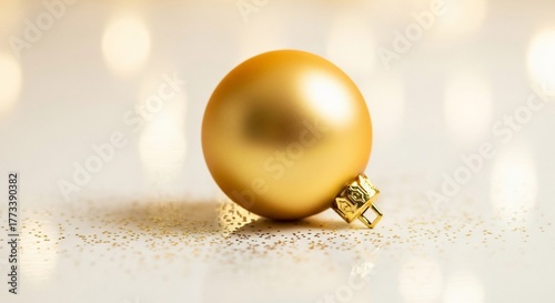 Gleaming Golden Christmas Ornament on Sparkling White Background with Bokeh.