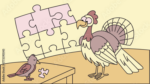 Whimsical turkey and bird cartoon assembling puzzle, symbolizing problem solving, teamwork, and collaboration in a fun and engaging way, originally vector art