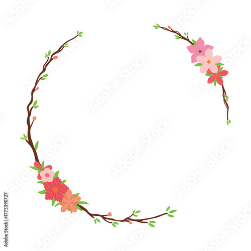 floral circular frame with branches and pink flowers