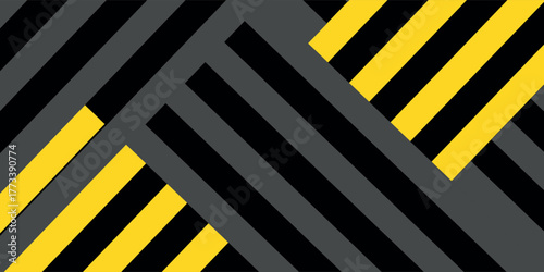 Abstract geometric background with intersecting black, yellow, and grey diagonal stripes creating a modern pattern.