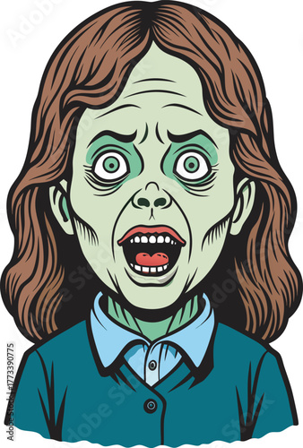 Frightened Woman Horror Expression with Green Skin Vector Art