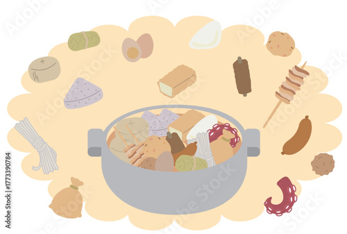 おでん鍋とおでんの具材セット（背景あり）