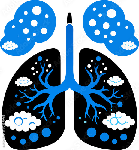 Human lungs made of blue sky clouds and air bubbles symbolizing breathing and hope silhouette vector black , white background