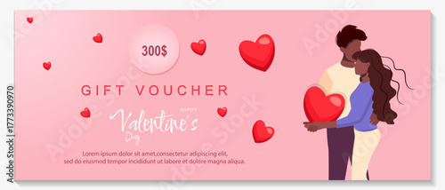 Pink Valentine's Day gift certificate with a couple in love, red hearts, and text. Vector template for coupons, discounts, and gifts. For stores, online promotions, and holiday offers.