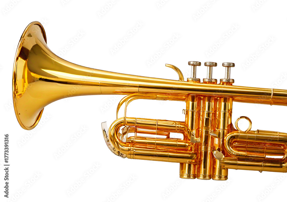 Obraz premium Golden shiny new metallic brass trumpet music instrument isolated on transparent or white background