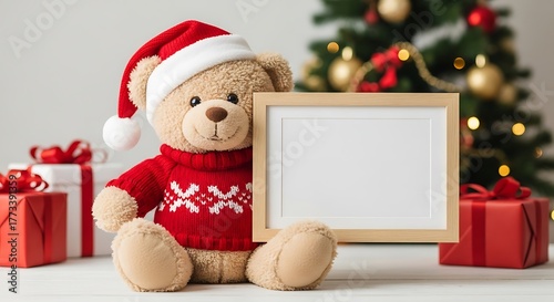 A teddy bear wearing a Santa hat and sweater holds a blank picture frame, surrounded by Christmas gifts and a tree.