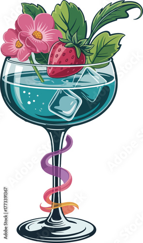 A cold pink martini cocktail with a strawberry, ice, and a rose is a sophisticated party drink