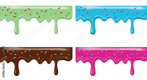 Collection of colorful dripping sweet glaze with sprinkles for desserts and confections