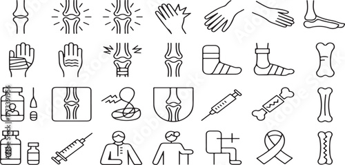orthopedic icons, joint pain, anatomy, bone health, human skeleton, knee joint, hand injury, foot injury, spinal column, X-ray, bandage, cast, syringe, injection, physical therapy, rehabilitation, cap