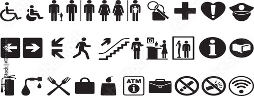 public facility icons, universal symbols, wayfinding pictograms, accessibility signs, service icons, public services, information signs, transportation symbols, building vector illustration icon desig